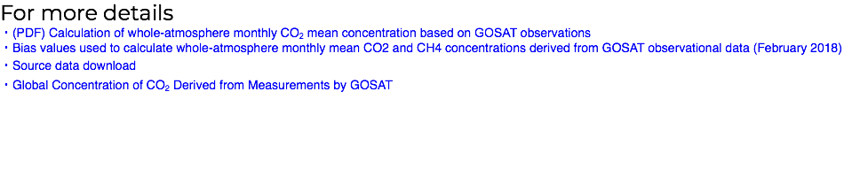For more details ・(PDF) Calculation of whole-atmosphere monthly CO2 mean concentration based on GOSAT observations ・Bias values used to calculate whole-atmosphere monthly mean CO2 and CH4 concentrations derived from GOSAT observational data (February 2018) ・Source data download ・Global Concentration of CO2 Derived from Measurements by GOSAT 