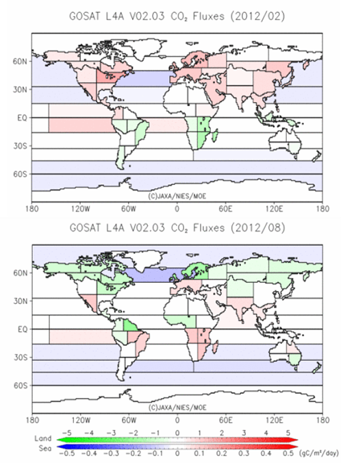 地球観測衛星GOSAT「いぶき」から得られる全球の二酸化炭素の吸収・排出量分布の算出例の図