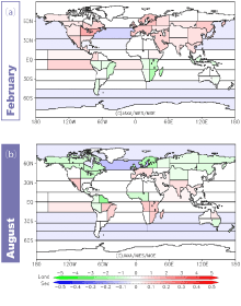 Figure 5. Sample estimates of global CO2 sources and sinks (gC/m2/day). a) February; b) August, 2012