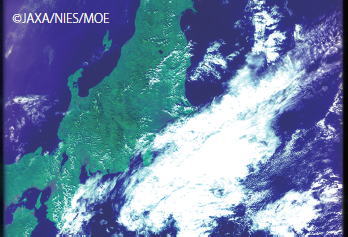 Figure 11. CAI Level 1B data collected on October 29, 2009 over the vicinity of mainland Japan (initial calibration performed). The image is produced by assigning colors (blue, red, and green) for the signals in the bands 1, 2, and 3.