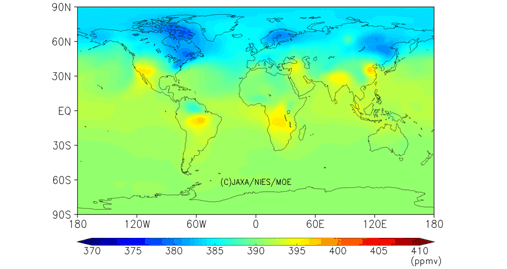 Figure 23. Level 4B data product. A sample map extracted from global three-dimensional CO2 distribution, at an altitude of approx. 800 m (0.925 level on a hybrid sigma-pressure coordinate), August 2012.