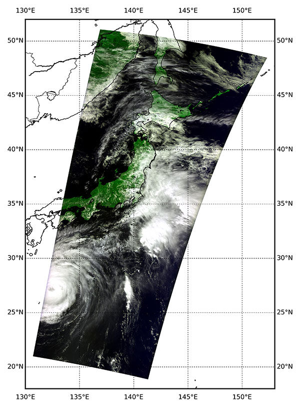 「いぶき」に搭載された雲・エアロゾルセンサ（CAI）で観測された台風21号の画像、9月3日