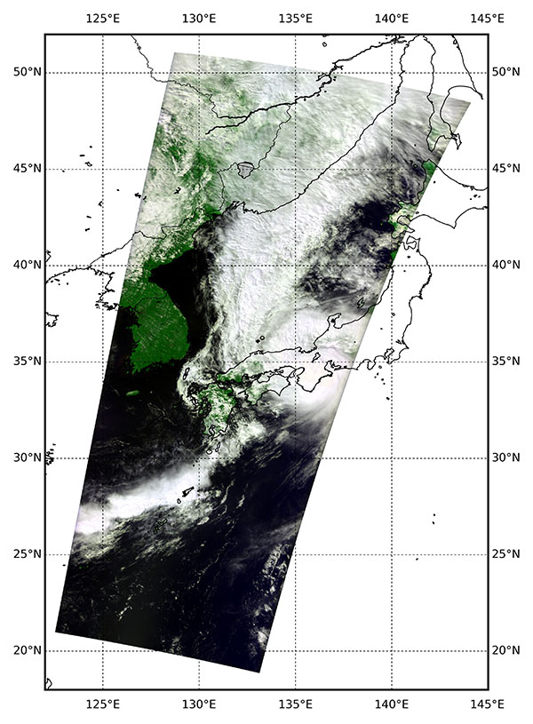 「いぶき」に搭載された雲・エアロゾルセンサ（CAI）で観測された台風21号の画像、9月4日